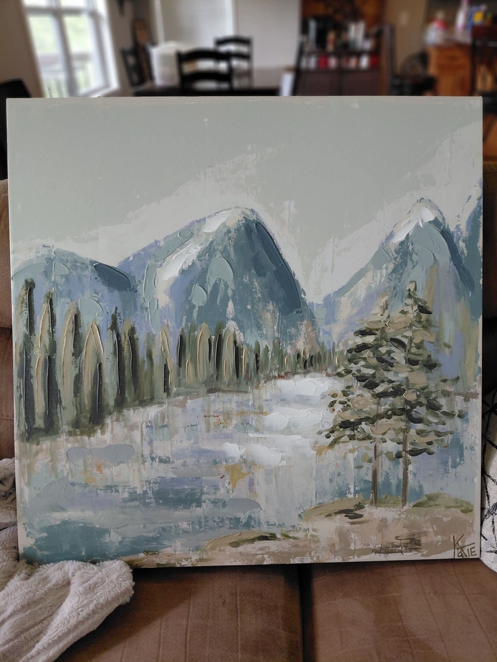 Hobby Lobby Serene Mountain Lake Painting in Blue, Green, Gray
